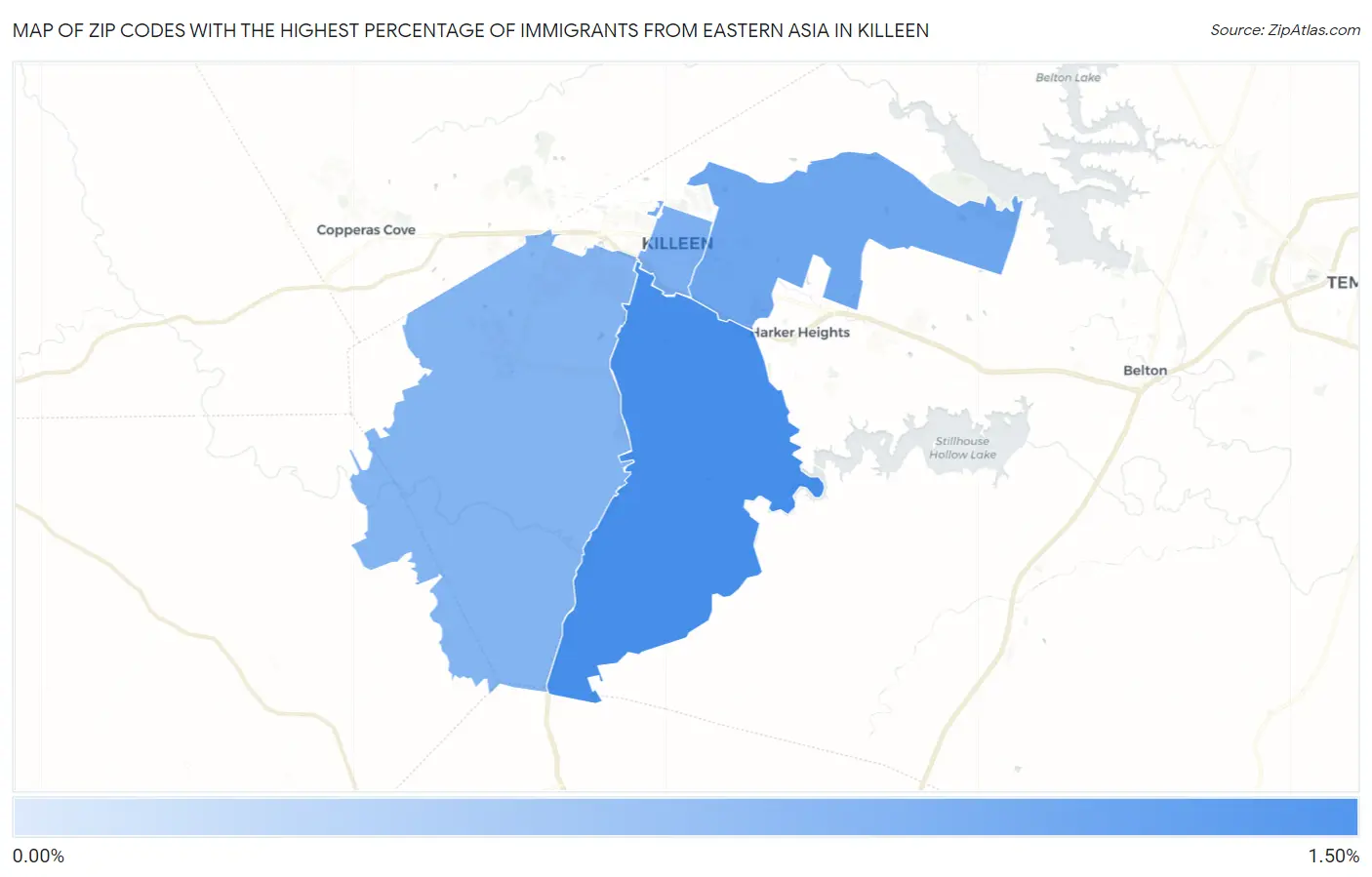 Zip Codes with the Highest Percentage of Immigrants from Eastern Asia in Killeen Map