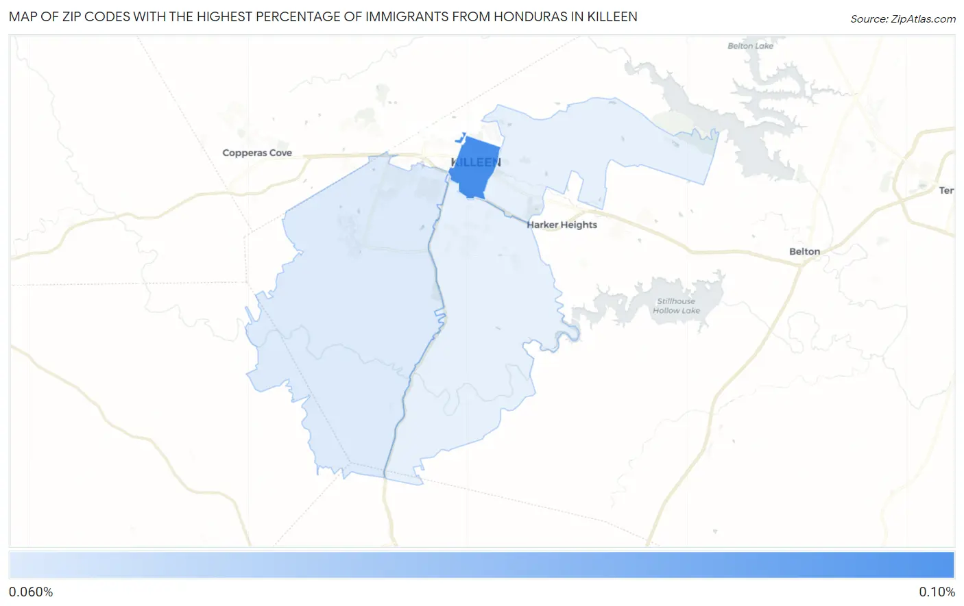 Zip Codes with the Highest Percentage of Immigrants from Honduras in Killeen Map