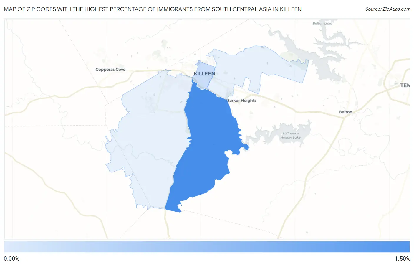 Zip Codes with the Highest Percentage of Immigrants from South Central Asia in Killeen Map