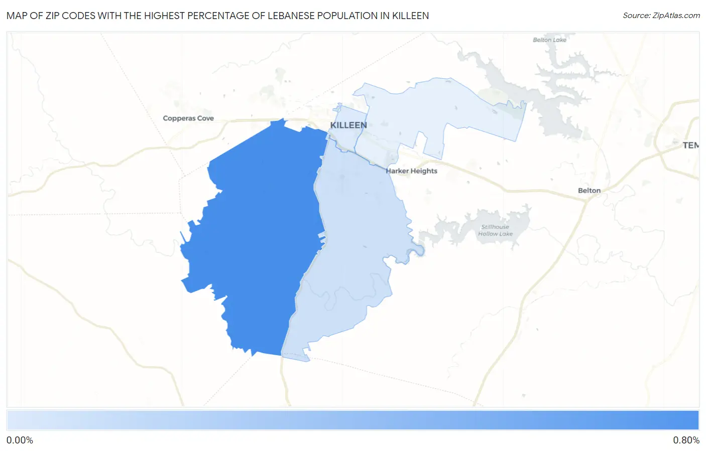 Zip Codes with the Highest Percentage of Lebanese Population in Killeen Map
