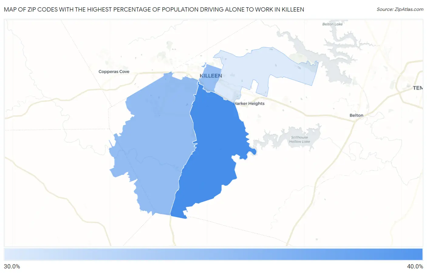 Zip Codes with the Highest Percentage of Population Driving Alone to Work in Killeen Map