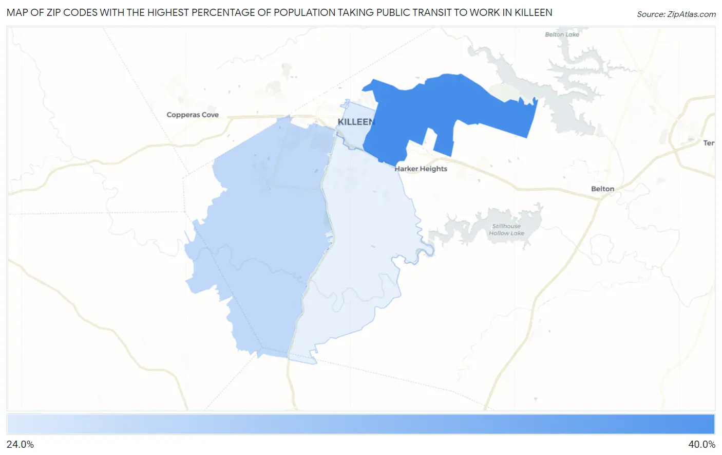 Zip Codes with the Highest Percentage of Population Taking Public Transit to Work in Killeen Map