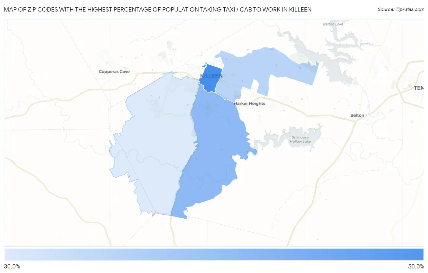 Zip Codes with the Highest Percentage of Population Taking Taxi / Cab to Work in Killeen Map