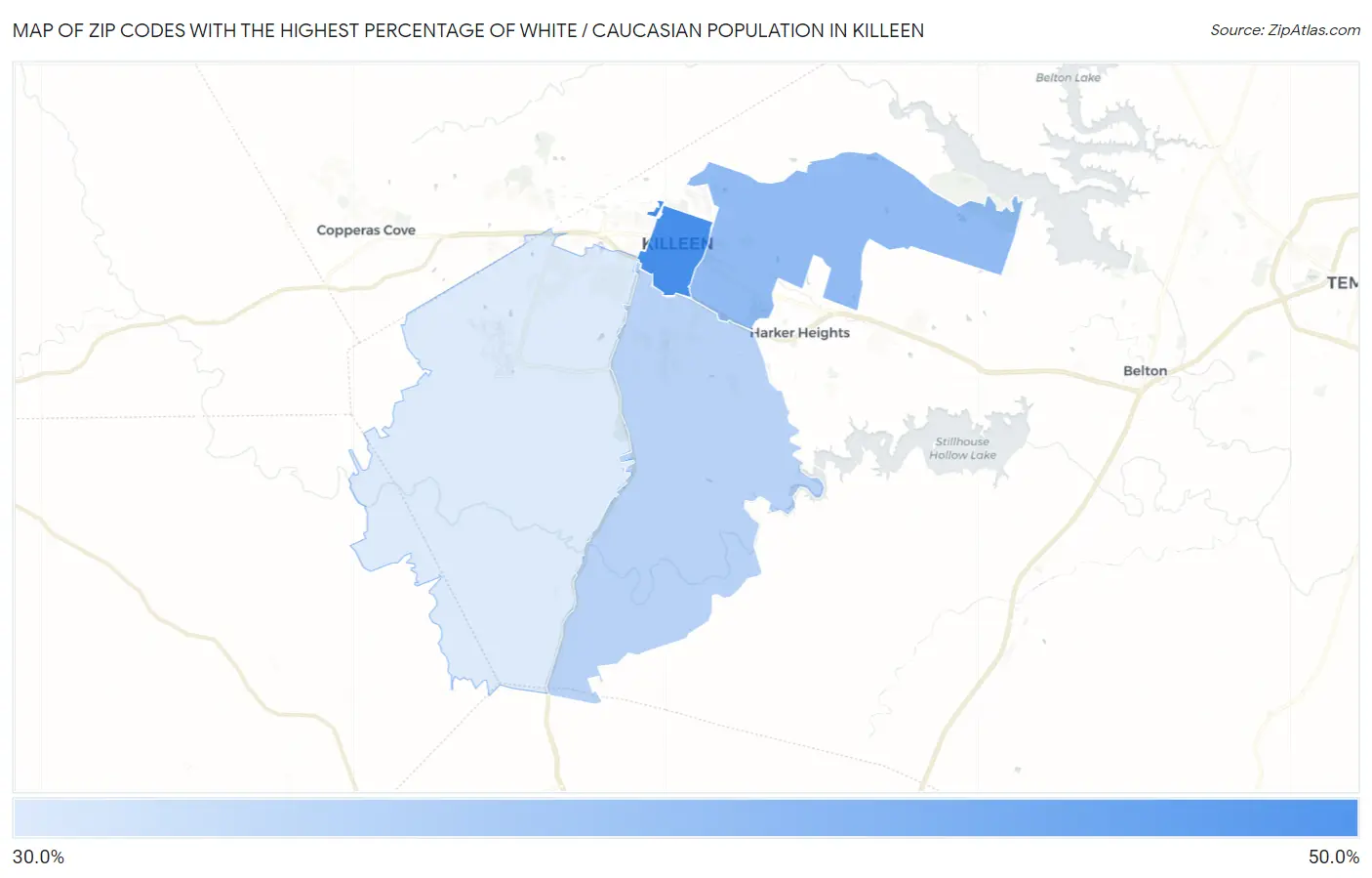 Zip Codes with the Highest Percentage of White / Caucasian Population in Killeen Map