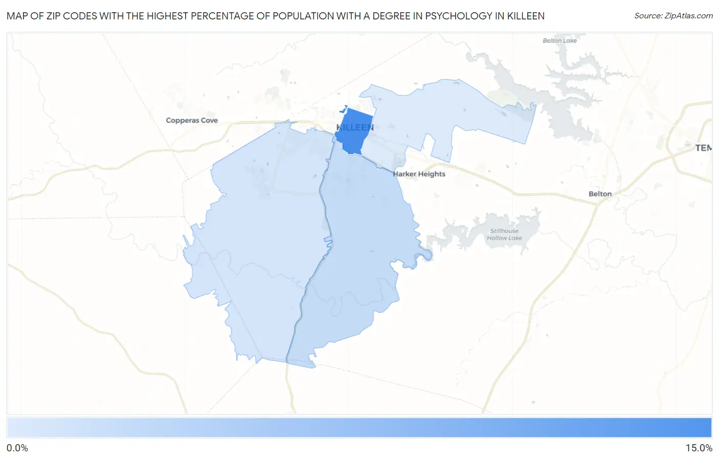 Zip Codes with the Highest Percentage of Population with a Degree in Psychology in Killeen Map