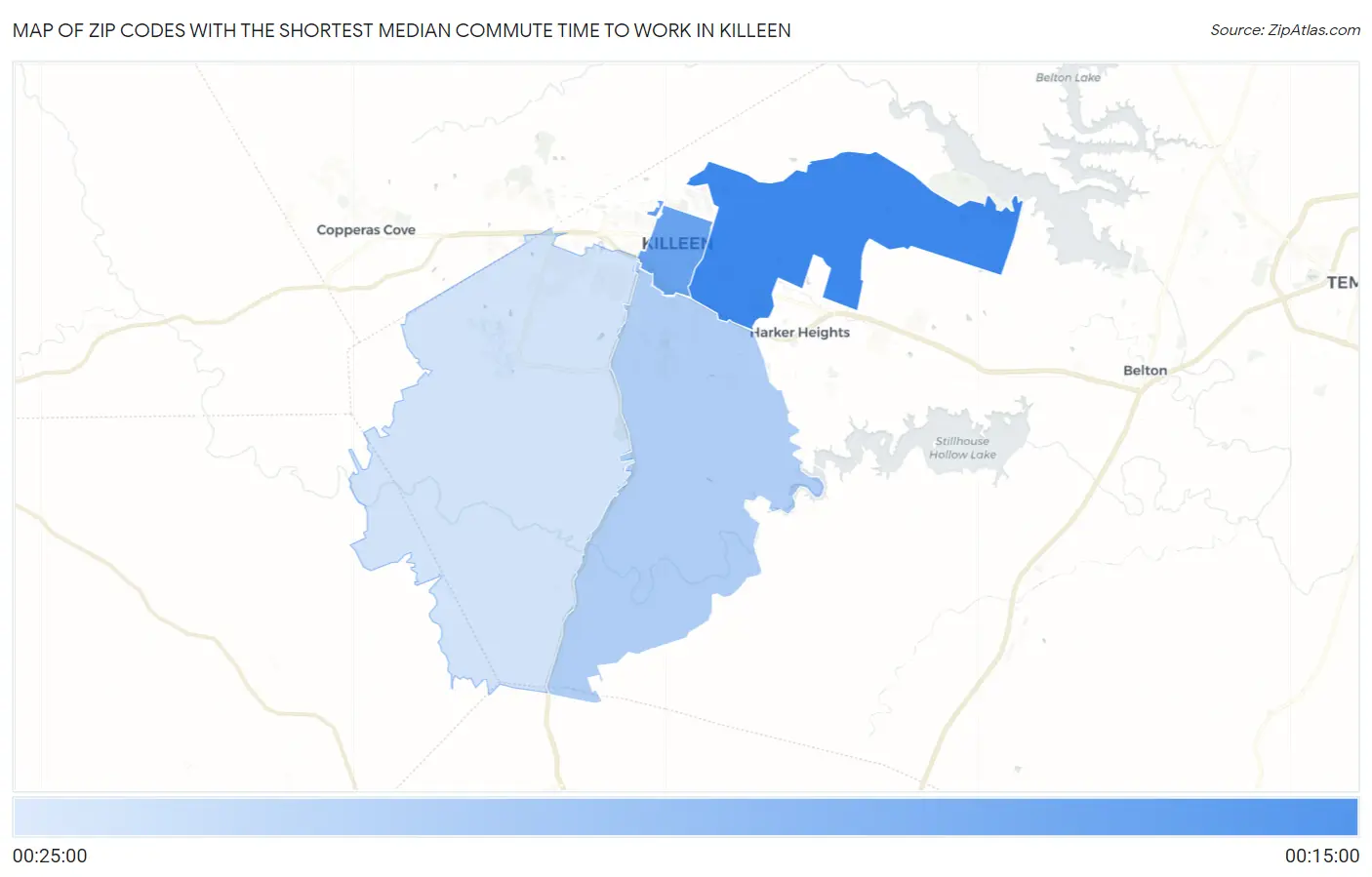 Zip Codes with the Shortest Median Commute Time to Work in Killeen Map
