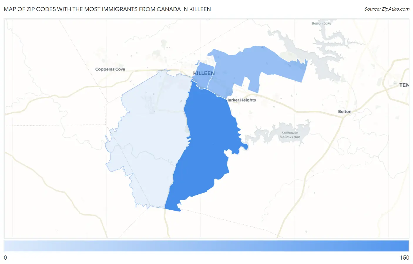 Zip Codes with the Most Immigrants from Canada in Killeen Map