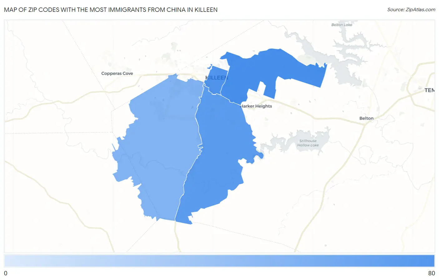 Zip Codes with the Most Immigrants from China in Killeen Map