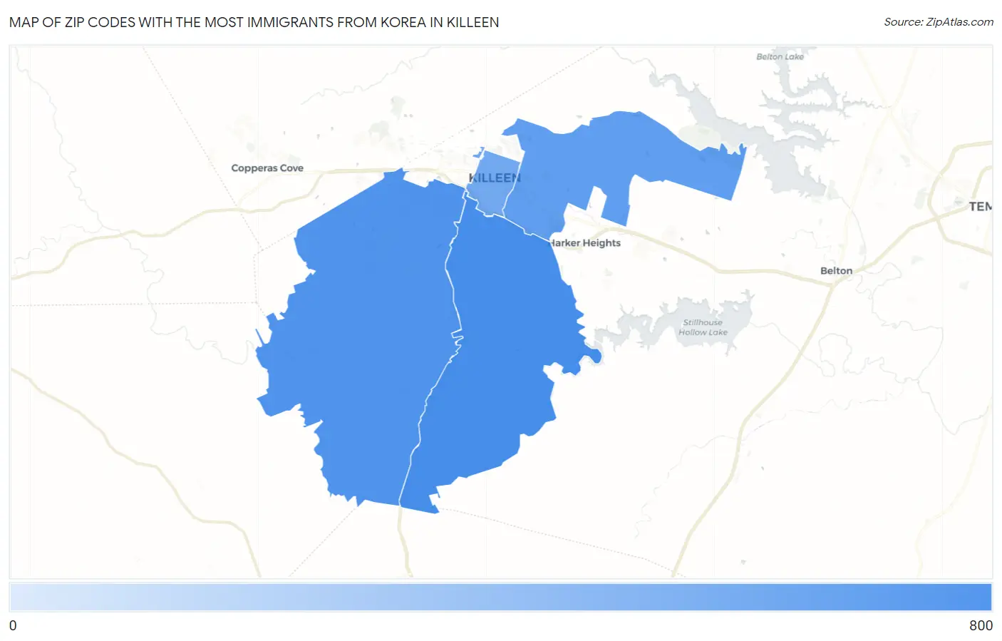 Zip Codes with the Most Immigrants from Korea in Killeen Map