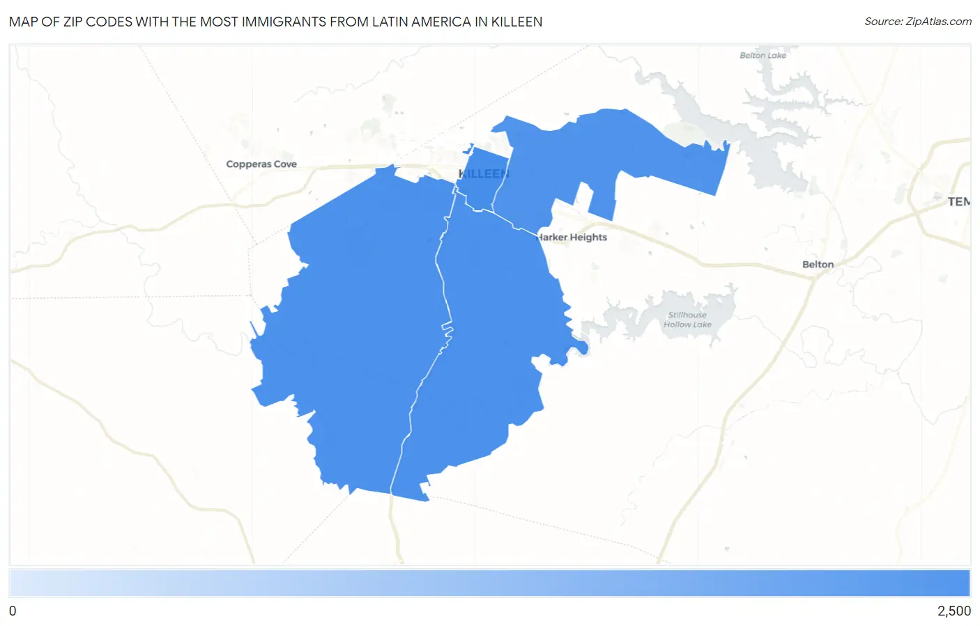 Zip Codes with the Most Immigrants from Latin America in Killeen Map