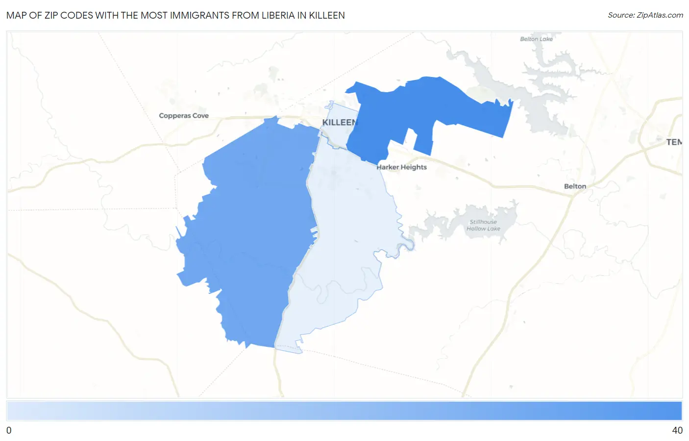 Zip Codes with the Most Immigrants from Liberia in Killeen Map