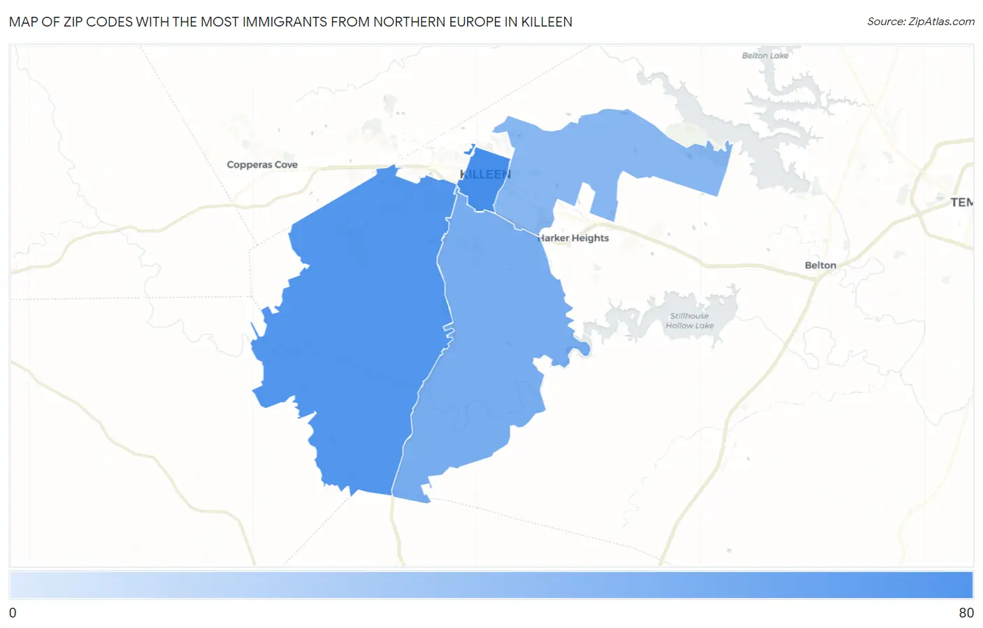 Zip Codes with the Most Immigrants from Northern Europe in Killeen Map