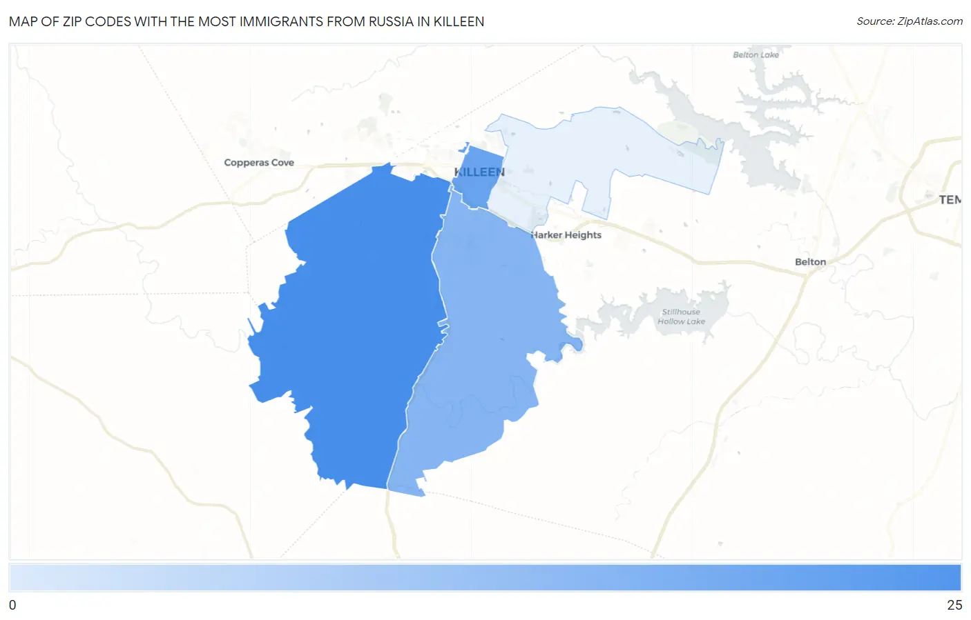 Zip Codes with the Most Immigrants from Russia in Killeen Map