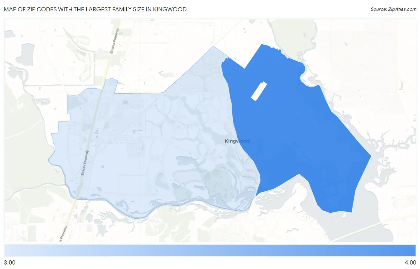 Zip Codes with the Largest Family Size in Kingwood Map