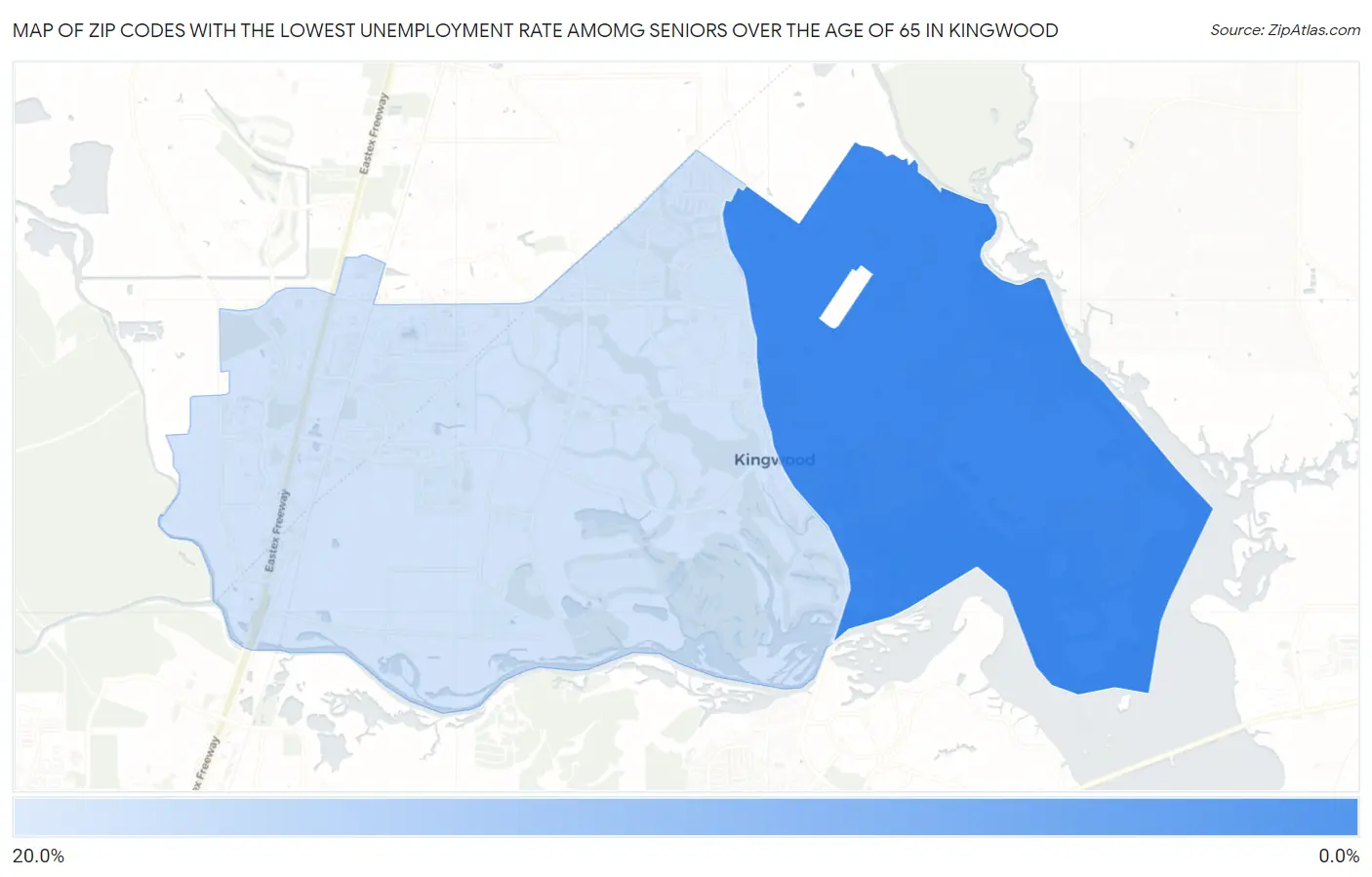 Zip Codes with the Lowest Unemployment Rate Amomg Seniors Over the Age of 65 in Kingwood Map