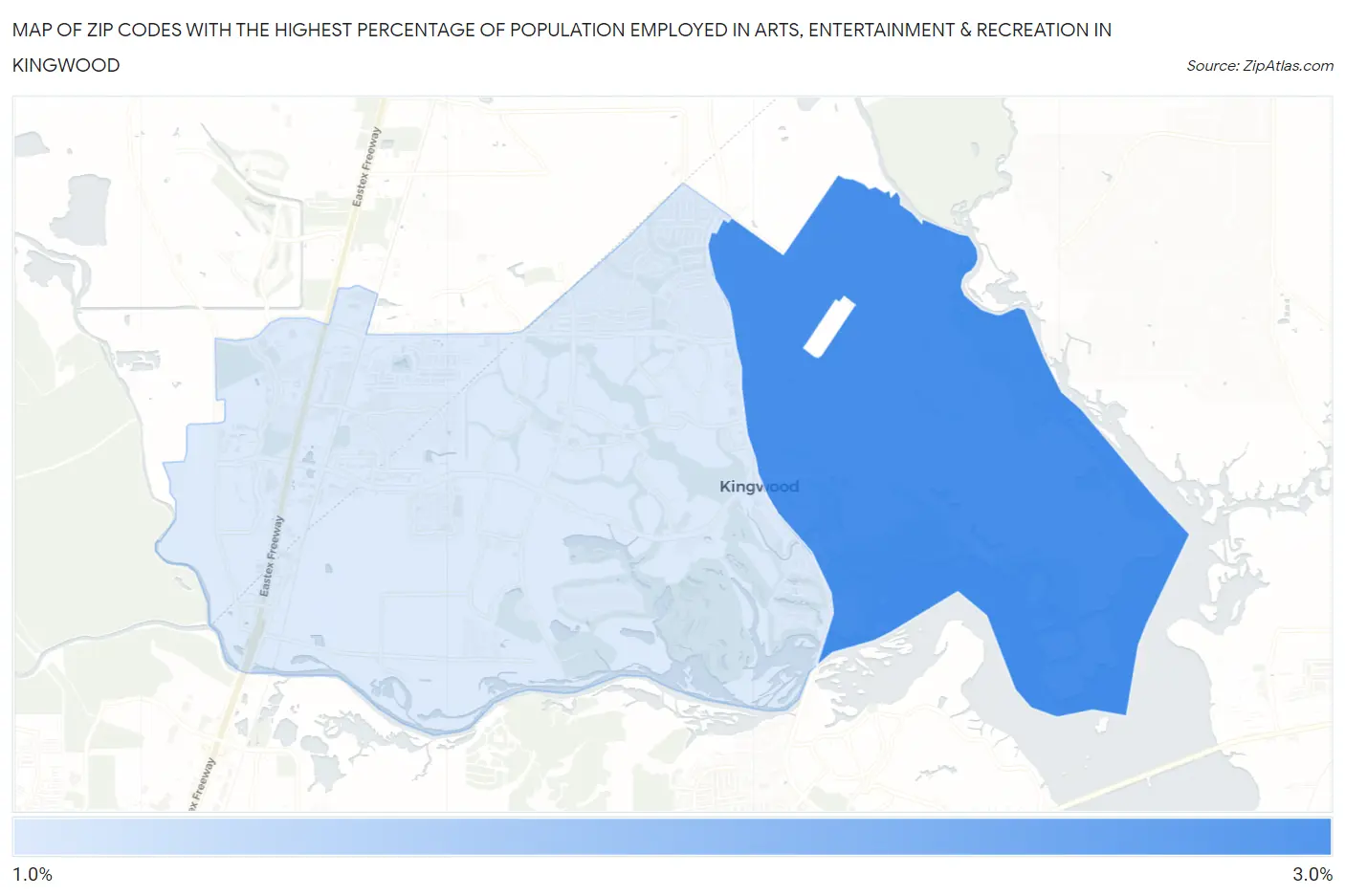 Zip Codes with the Highest Percentage of Population Employed in Arts, Entertainment & Recreation in Kingwood Map