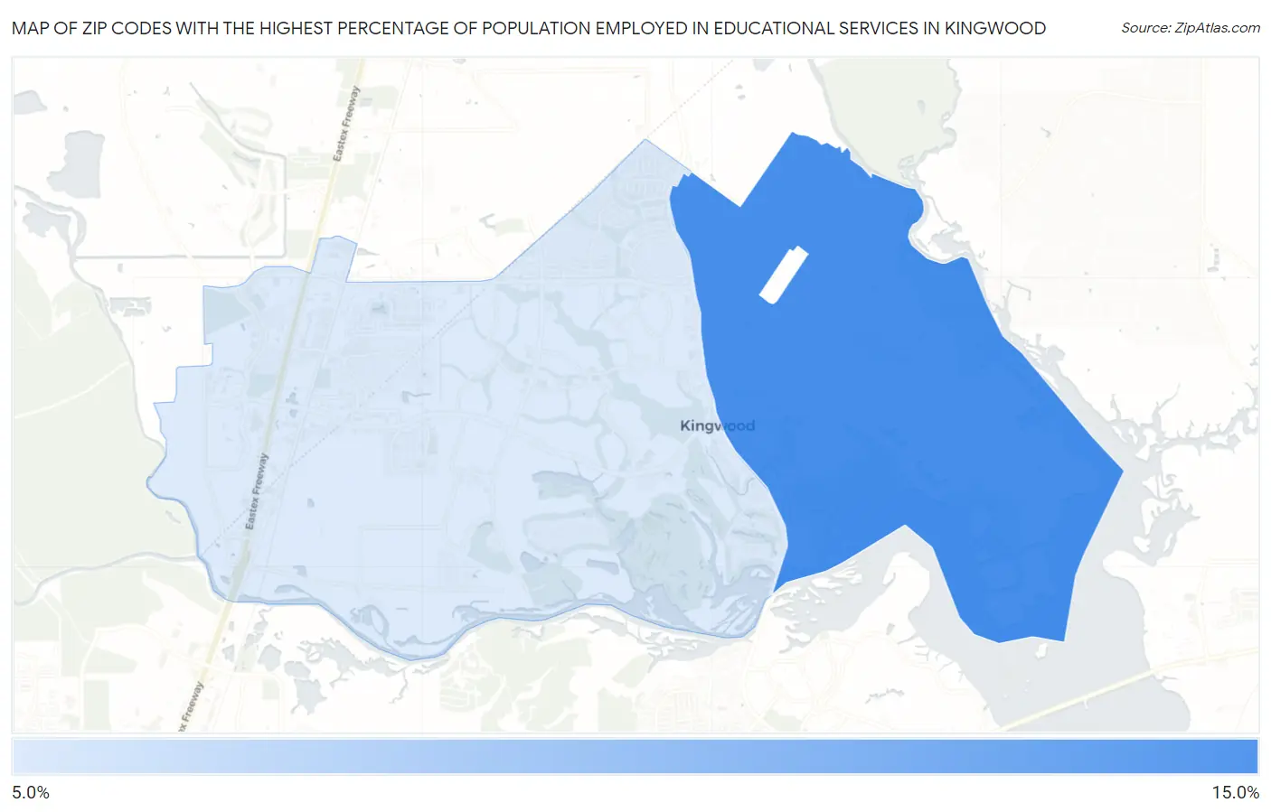 Zip Codes with the Highest Percentage of Population Employed in Educational Services in Kingwood Map