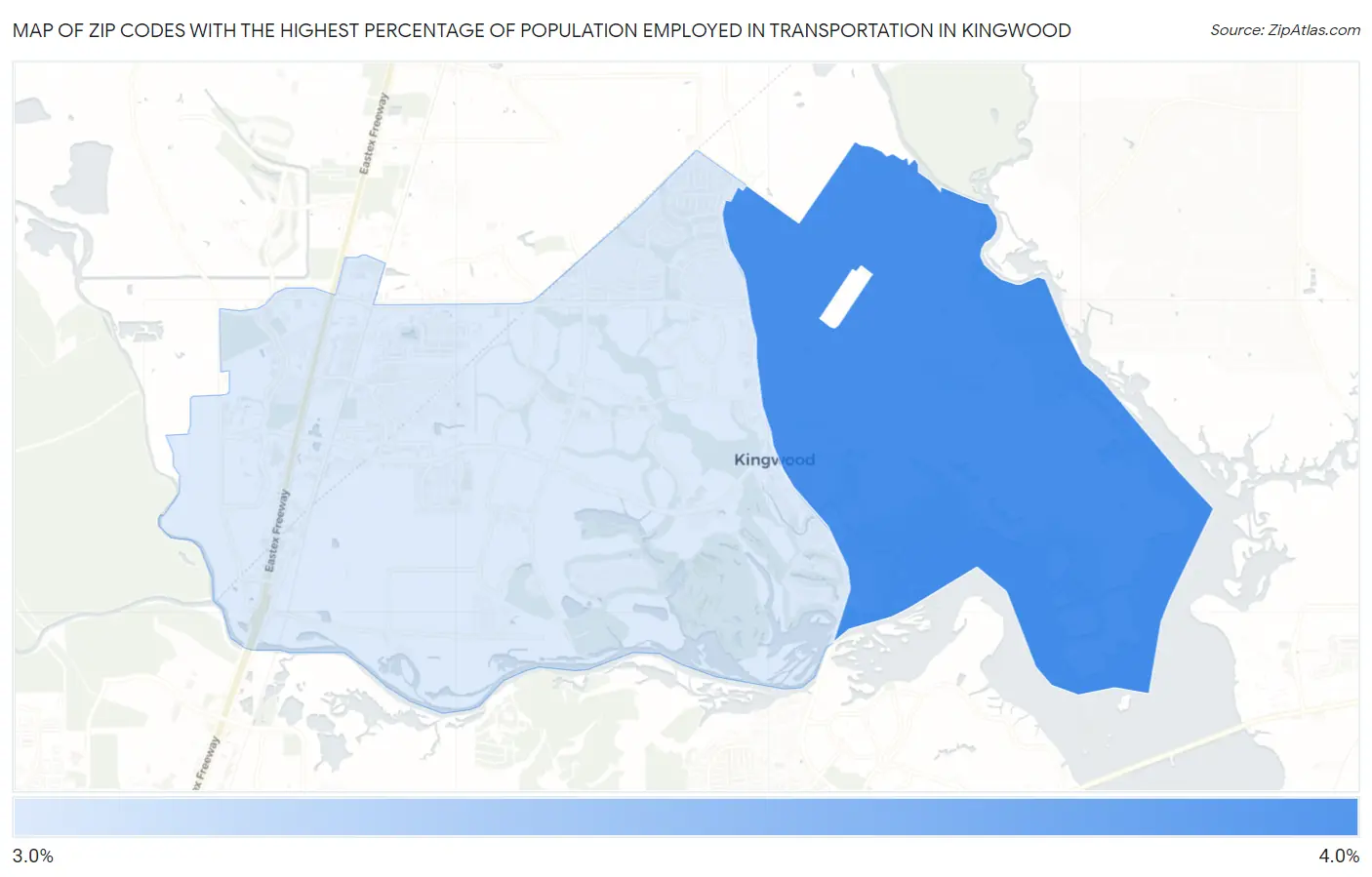 Zip Codes with the Highest Percentage of Population Employed in Transportation in Kingwood Map
