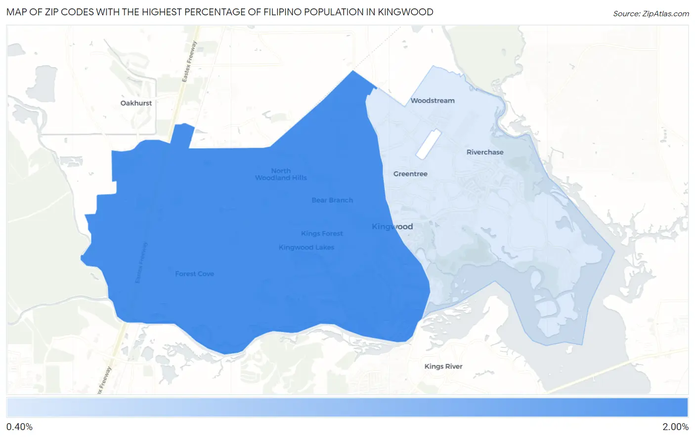 Zip Codes with the Highest Percentage of Filipino Population in Kingwood Map