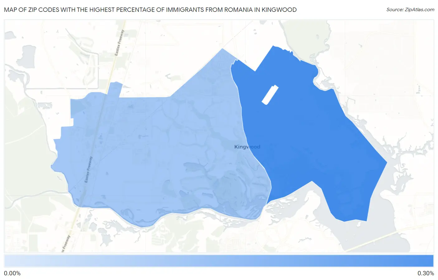 Zip Codes with the Highest Percentage of Immigrants from Romania in Kingwood Map