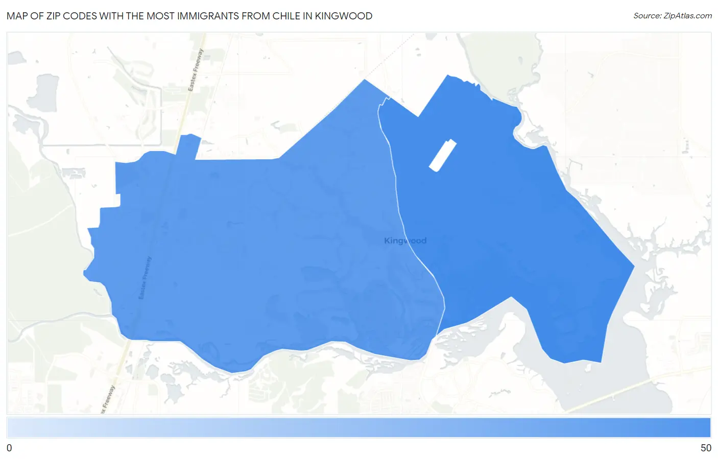 Zip Codes with the Most Immigrants from Chile in Kingwood Map