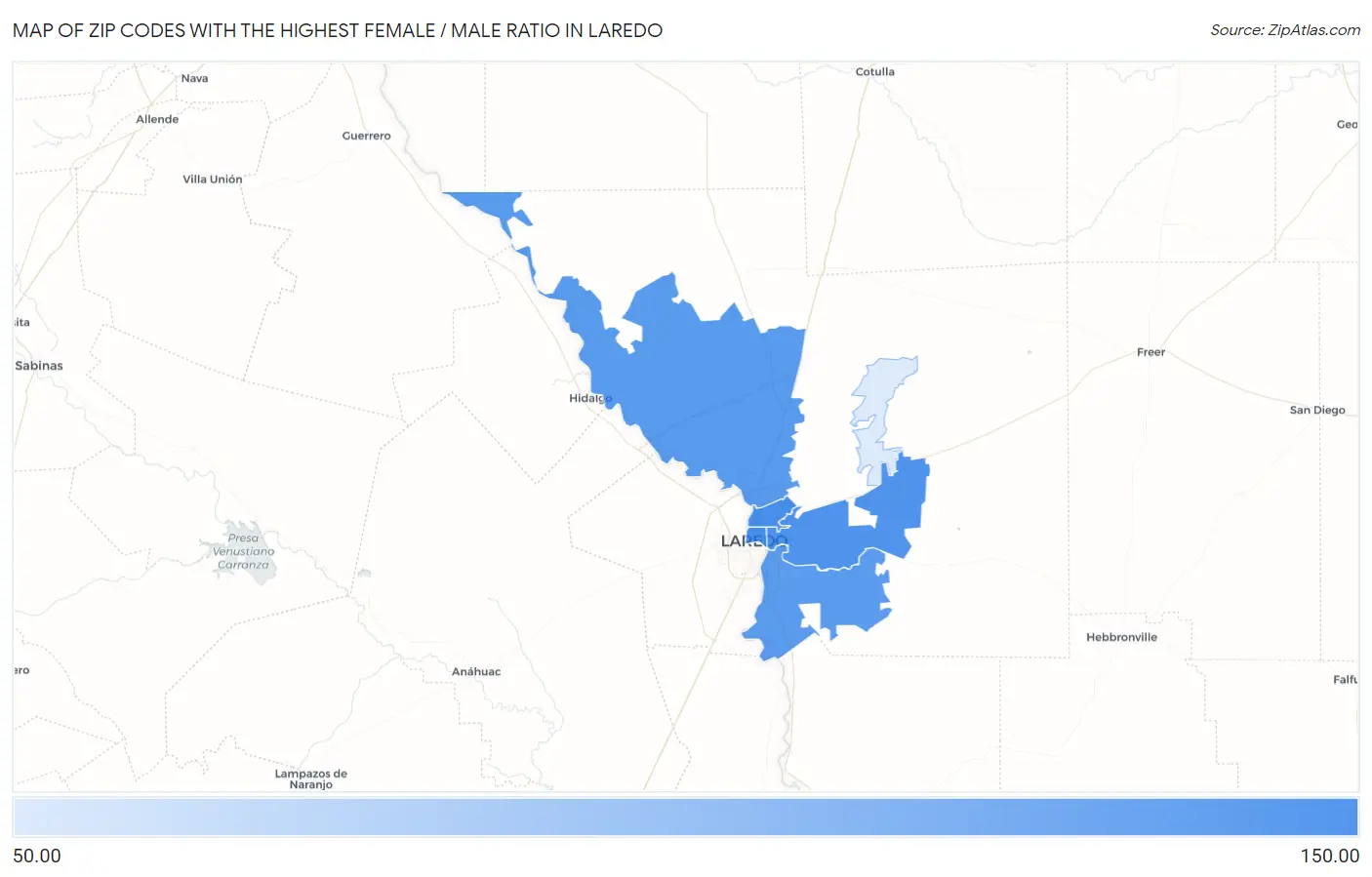 Zip Codes with the Highest Female / Male Ratio in Laredo Map