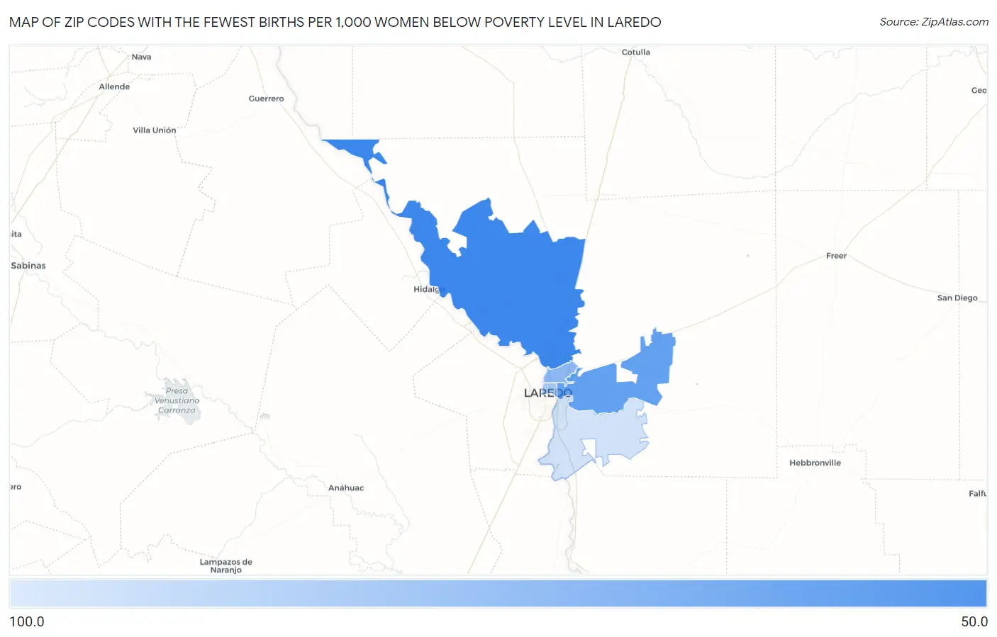 Zip Codes with the Fewest Births per 1,000 Women Below Poverty Level in Laredo Map