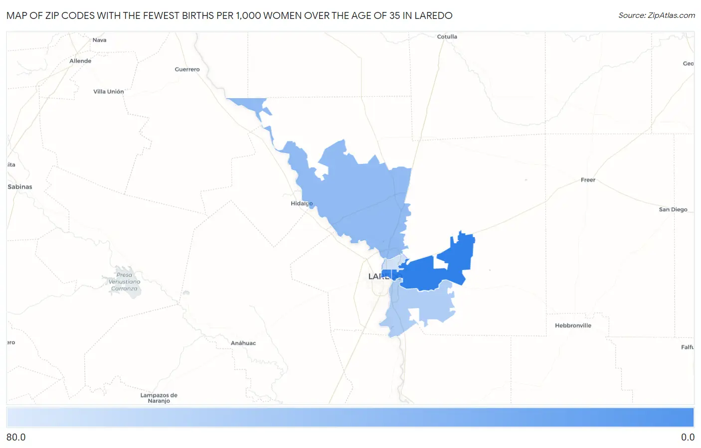 Zip Codes with the Fewest Births per 1,000 Women Over the Age of 35 in Laredo Map