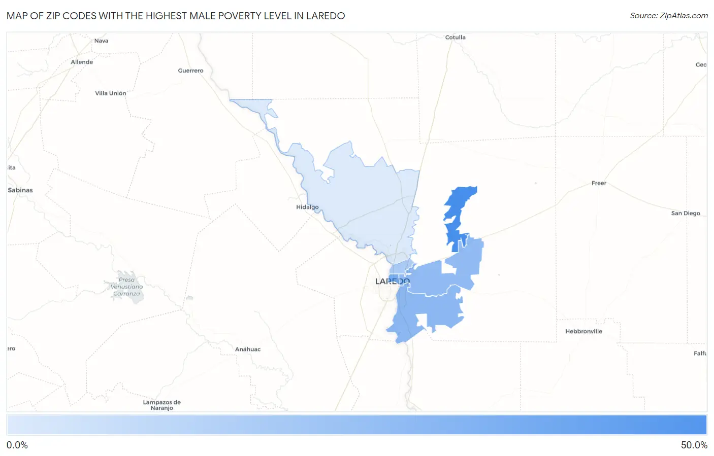 Zip Codes with the Highest Male Poverty Level in Laredo Map