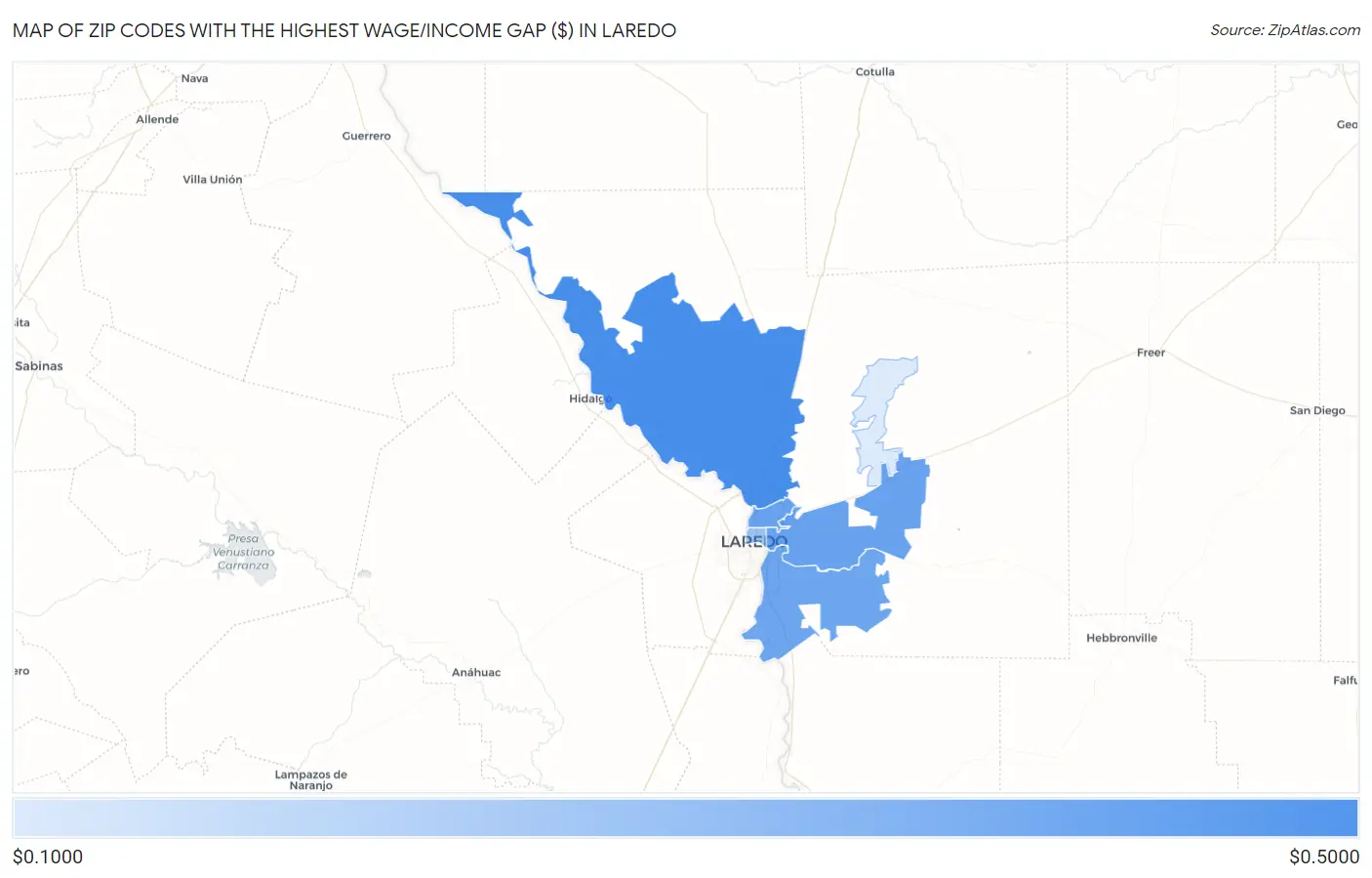Zip Codes with the Highest Wage/Income Gap ($) in Laredo Map