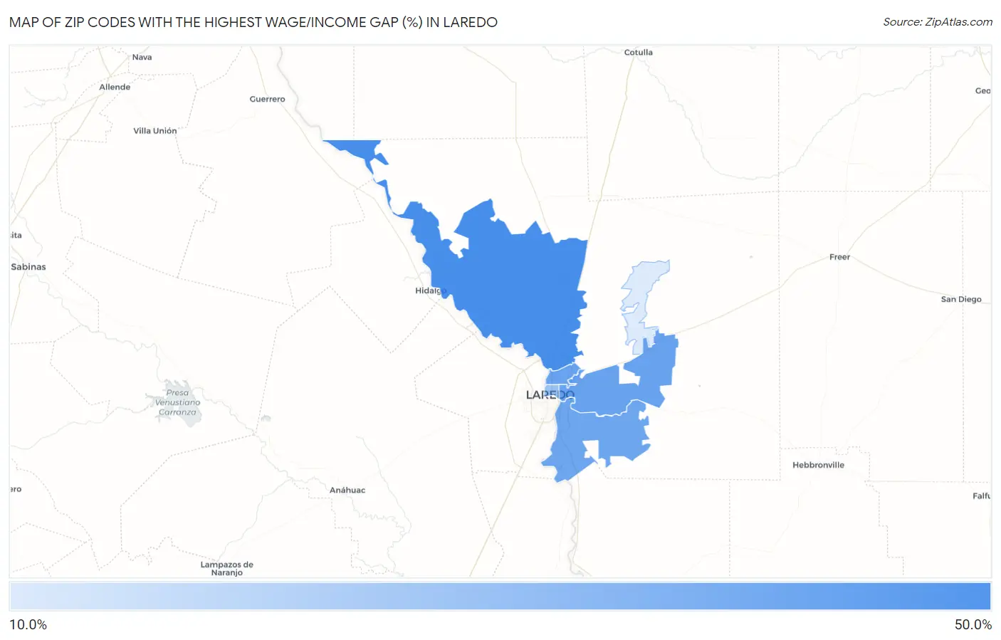 Zip Codes with the Highest Wage/Income Gap (%) in Laredo Map