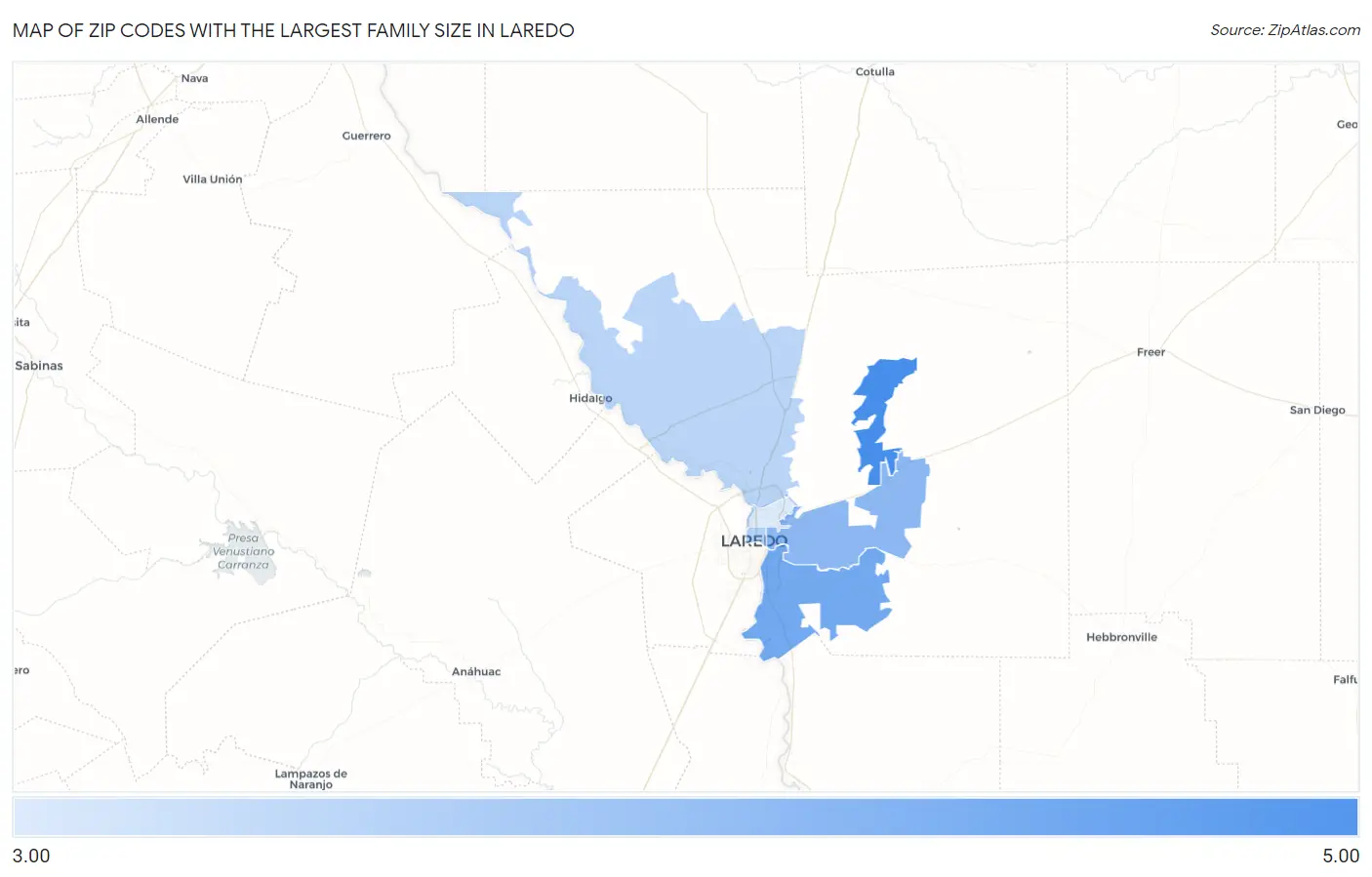 Zip Codes with the Largest Family Size in Laredo Map
