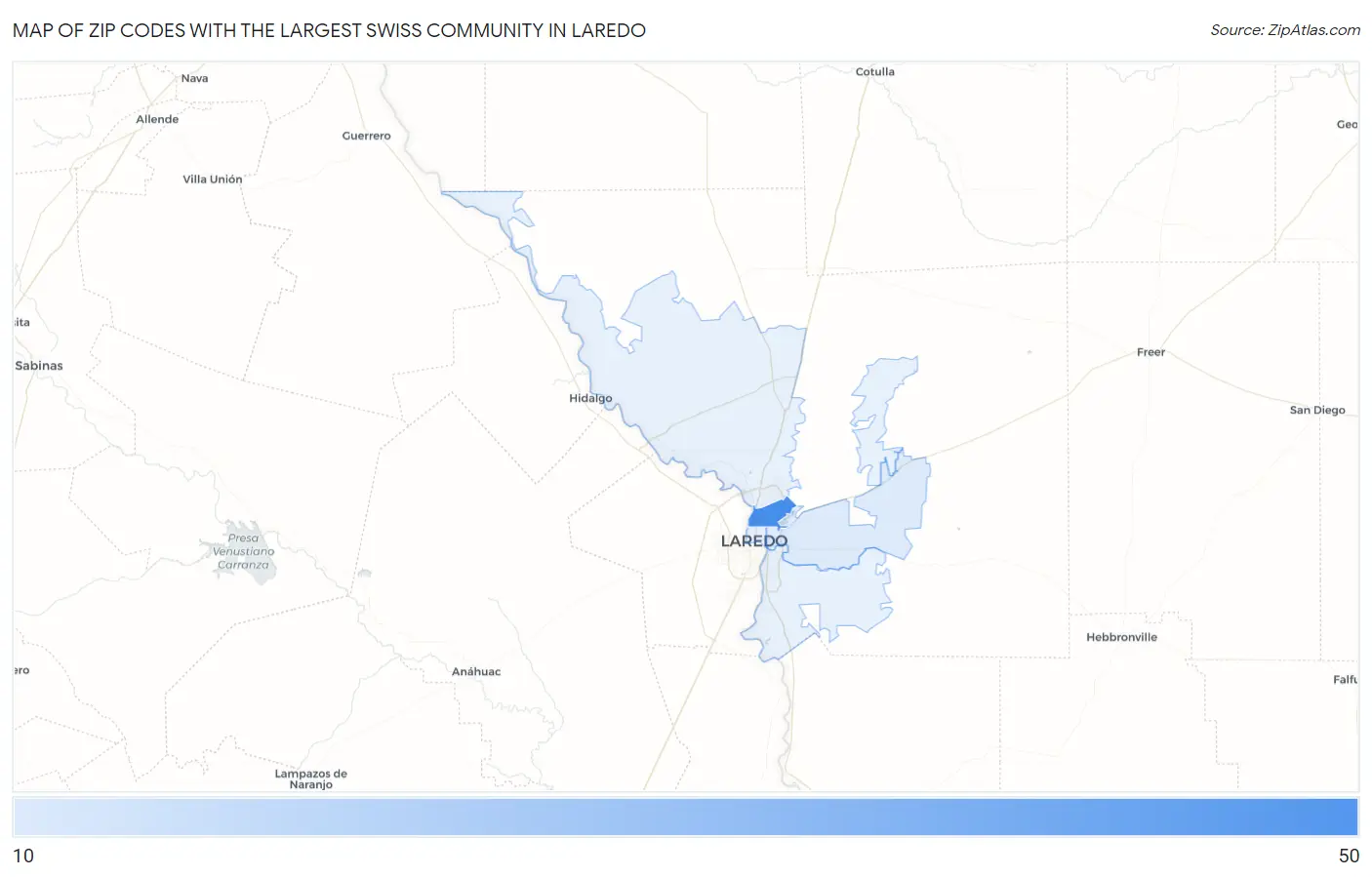 Zip Codes with the Largest Swiss Community in Laredo Map