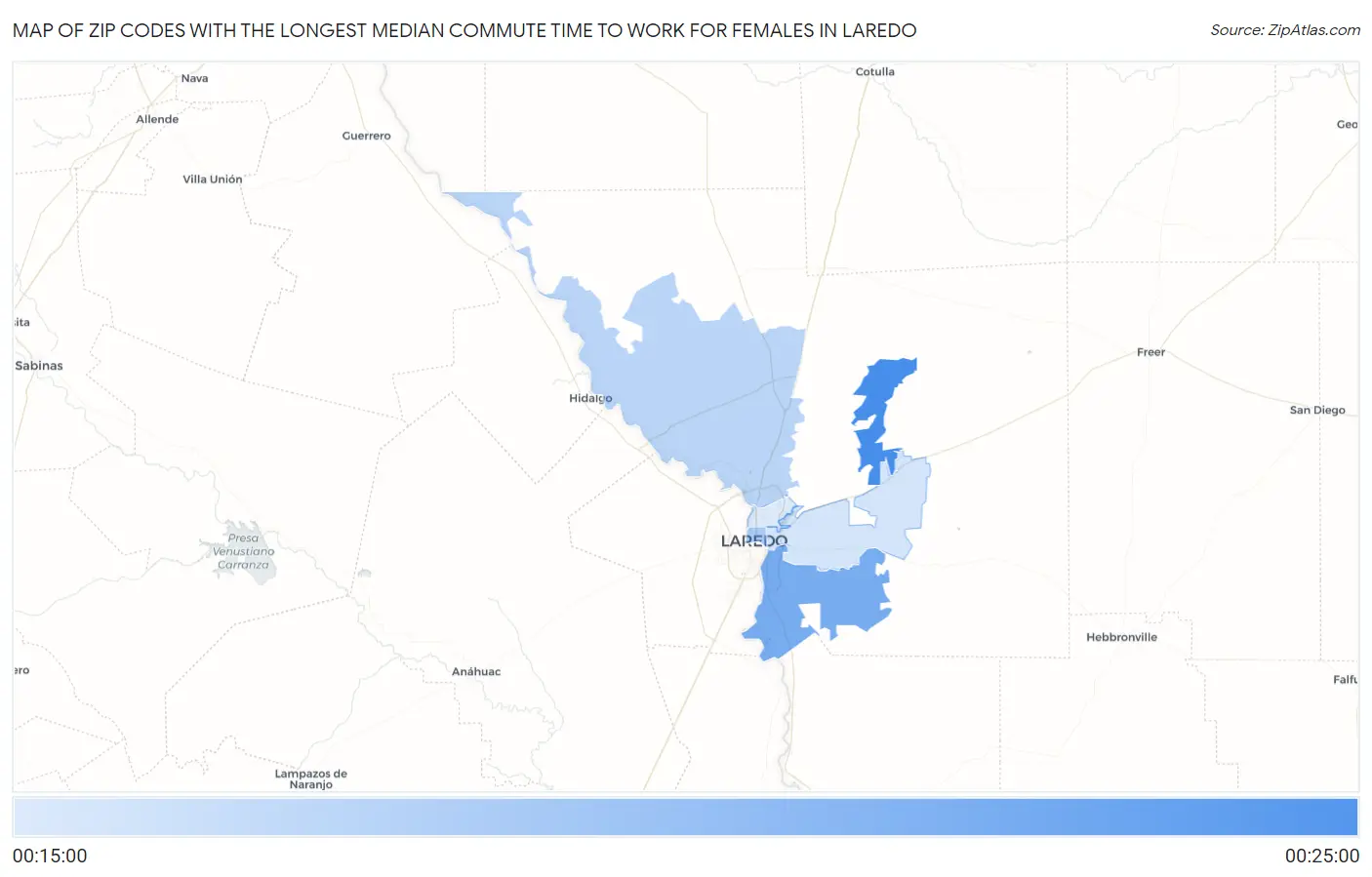 Zip Codes with the Longest Median Commute Time to Work for Females in Laredo Map
