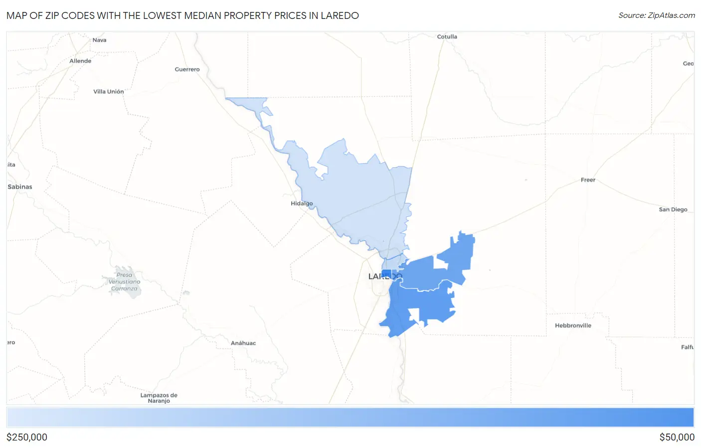Zip Codes with the Lowest Median Property Prices in Laredo Map
