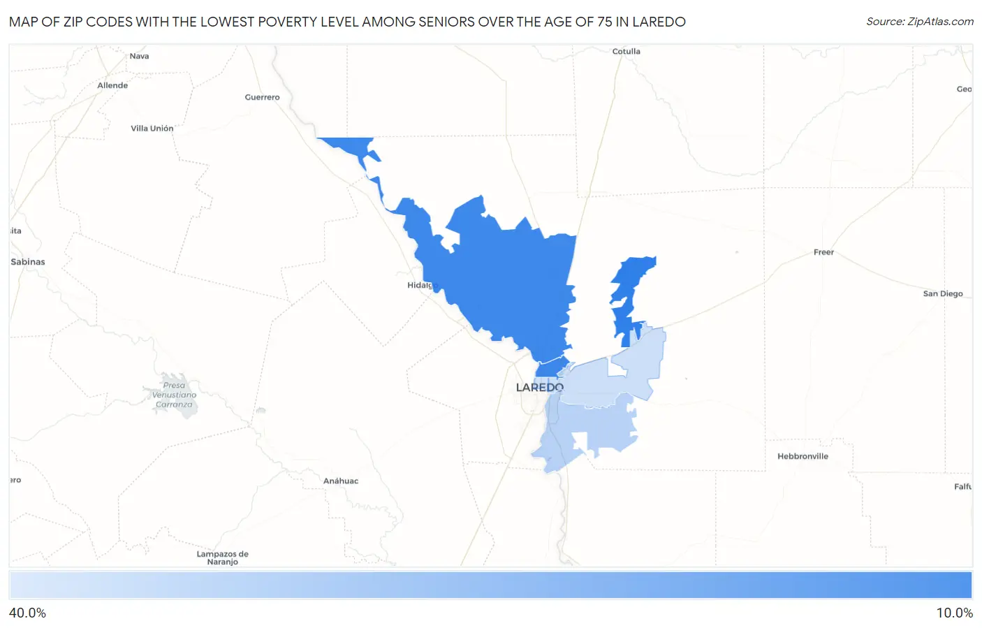 Zip Codes with the Lowest Poverty Level Among Seniors Over the Age of 75 in Laredo Map