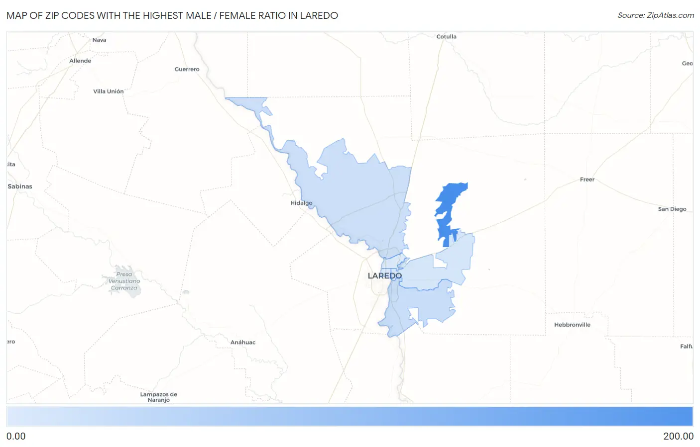 Zip Codes with the Highest Male / Female Ratio in Laredo Map