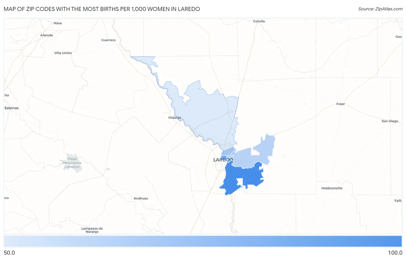 Zip Codes with the Most Births per 1,000 Women in Laredo Map