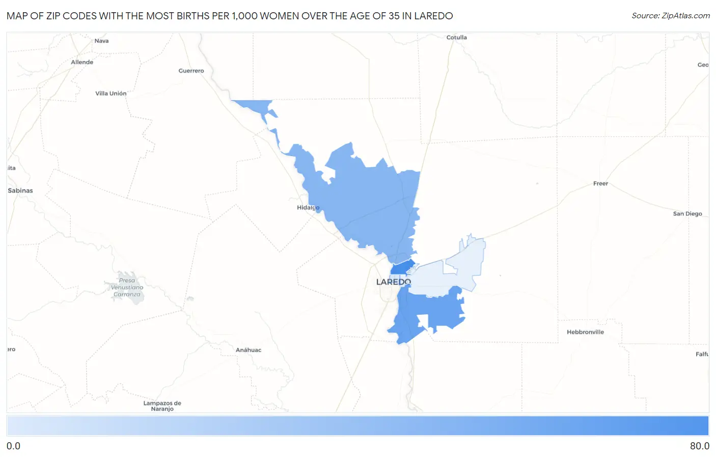 Zip Codes with the Most Births per 1,000 Women Over the Age of 35 in Laredo Map