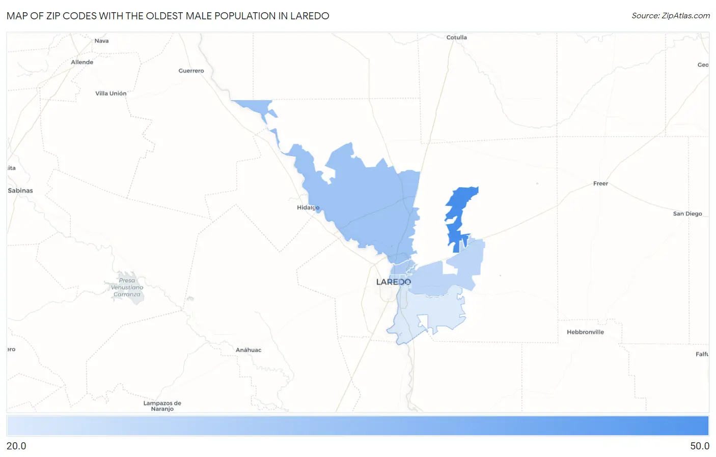 Zip Codes with the Oldest Male Population in Laredo Map