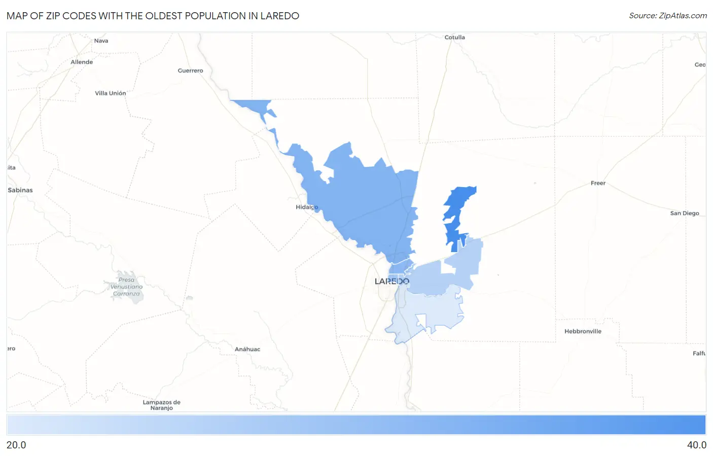 Zip Codes with the Oldest Population in Laredo Map