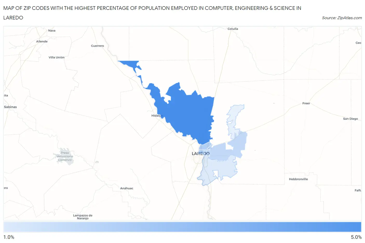 Zip Codes with the Highest Percentage of Population Employed in Computer, Engineering & Science in Laredo Map