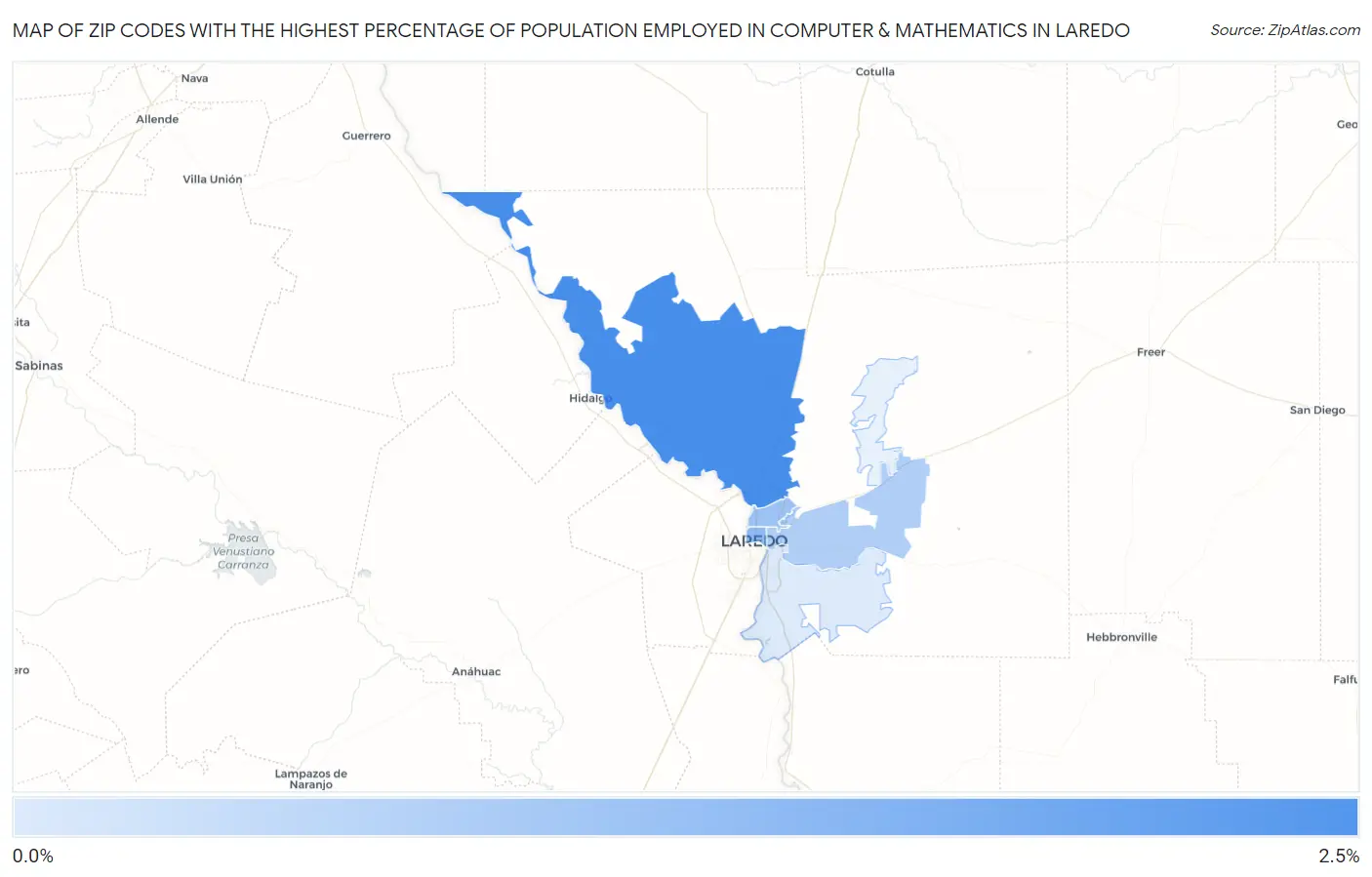 Zip Codes with the Highest Percentage of Population Employed in Computer & Mathematics in Laredo Map