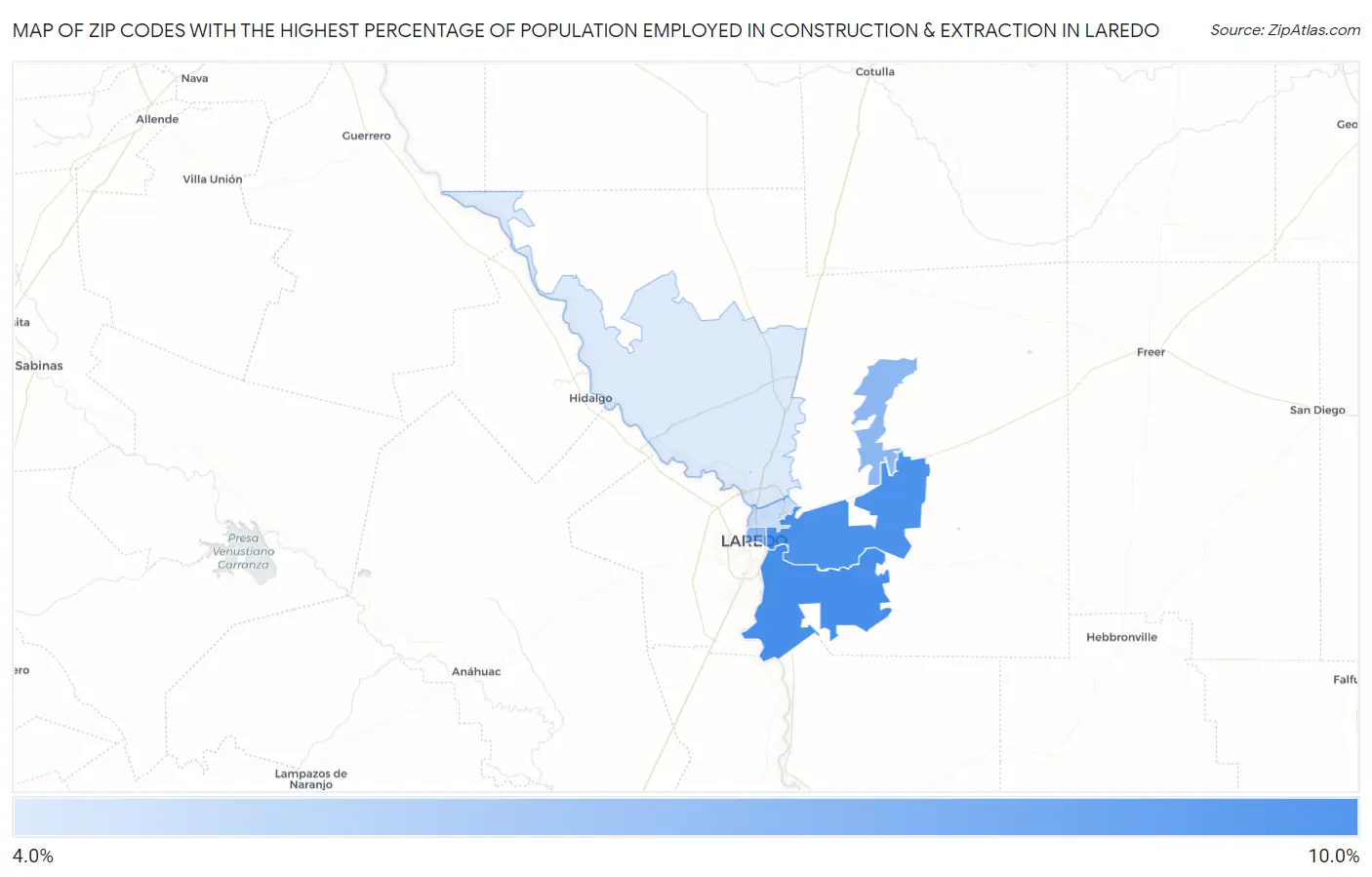 Zip Codes with the Highest Percentage of Population Employed in Construction & Extraction in Laredo Map