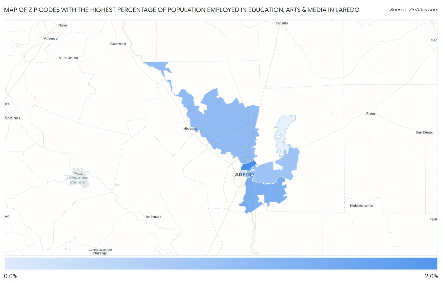 Zip Codes with the Highest Percentage of Population Employed in Education, Arts & Media in Laredo Map