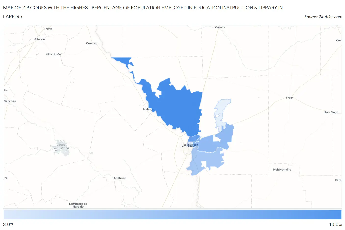 Zip Codes with the Highest Percentage of Population Employed in Education Instruction & Library in Laredo Map