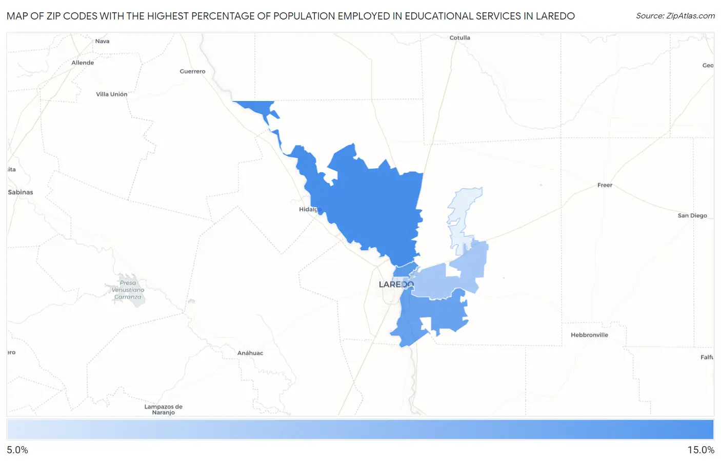 Zip Codes with the Highest Percentage of Population Employed in Educational Services in Laredo Map