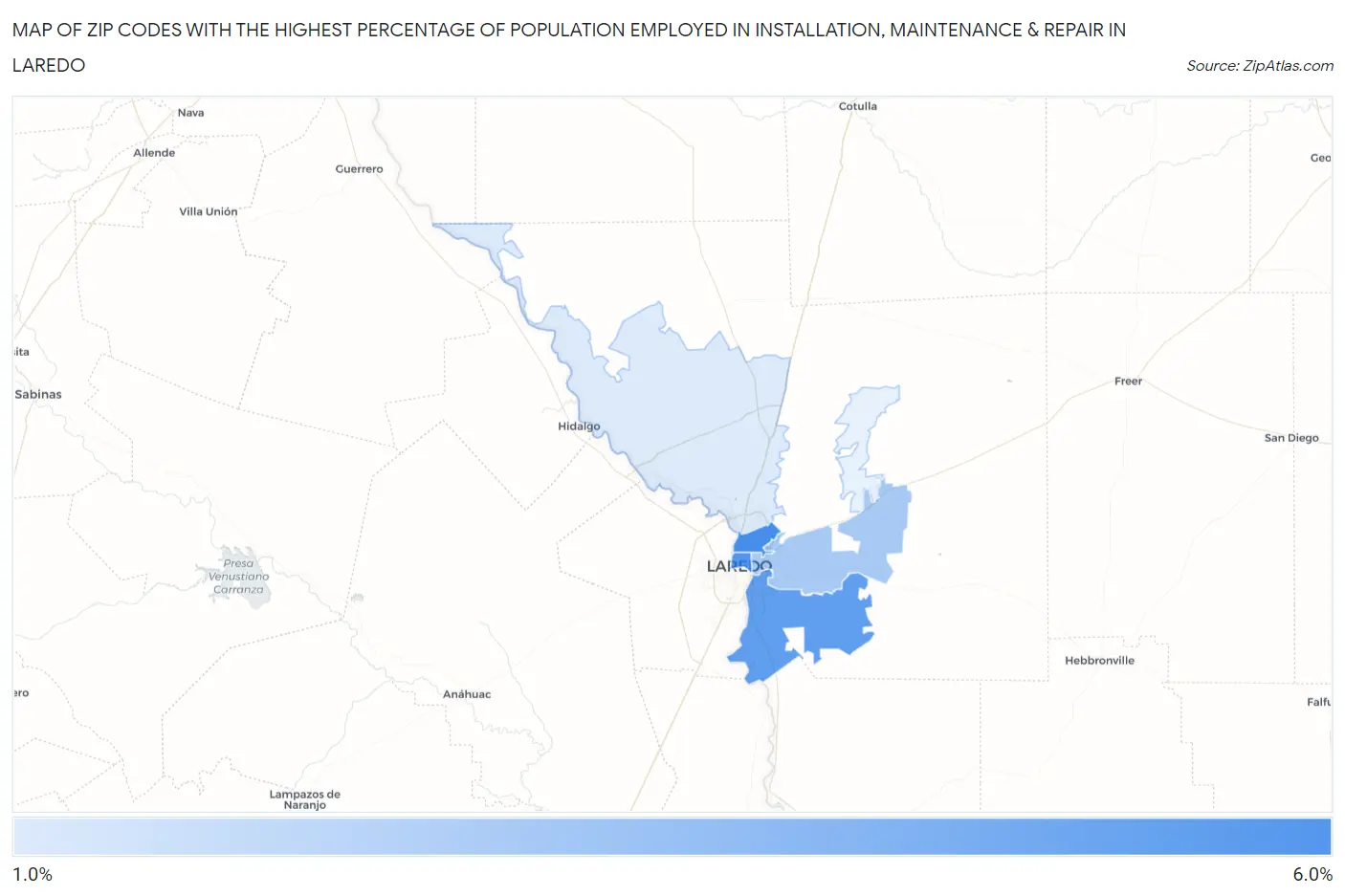 Zip Codes with the Highest Percentage of Population Employed in Installation, Maintenance & Repair in Laredo Map