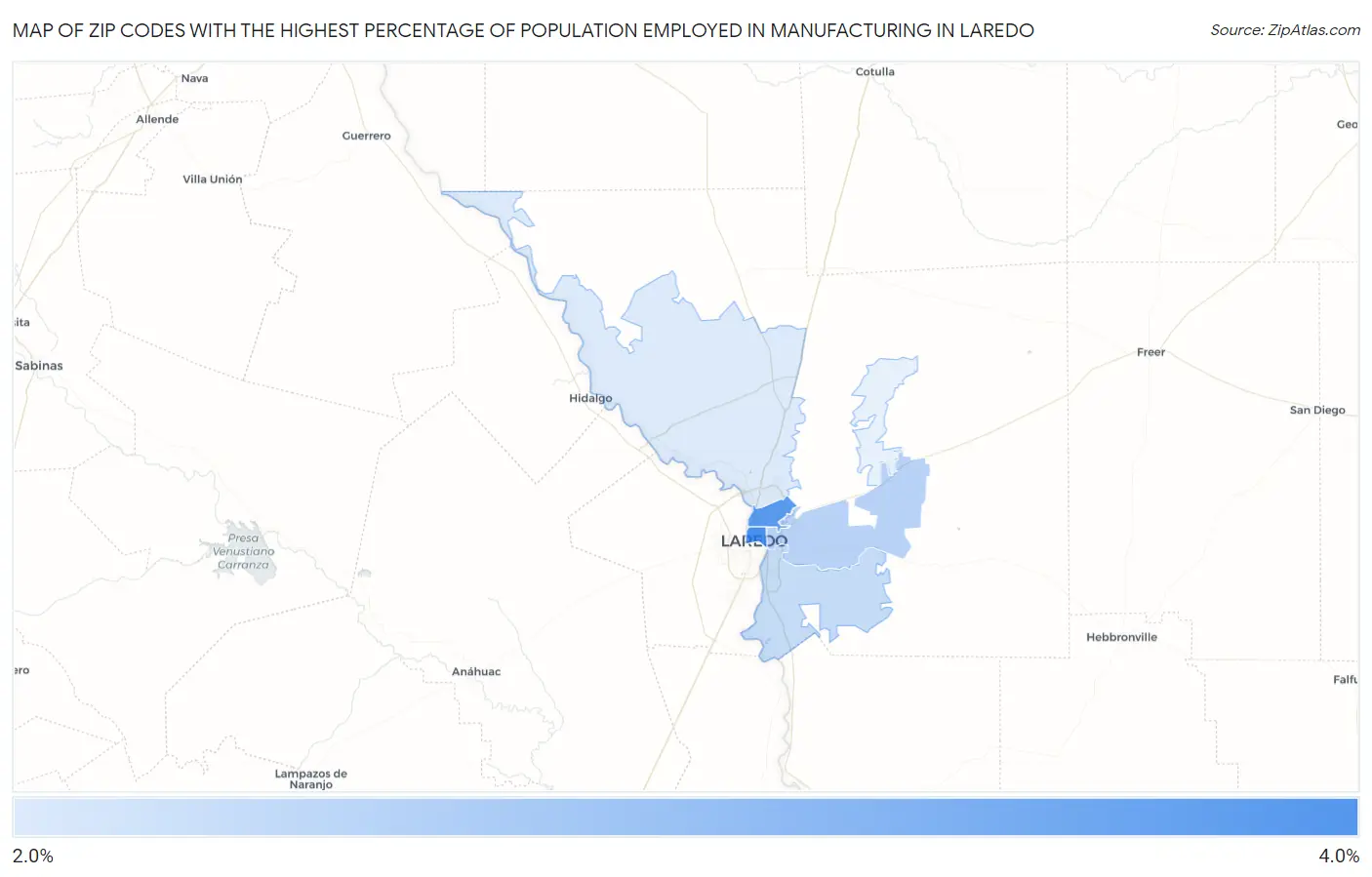 Zip Codes with the Highest Percentage of Population Employed in Manufacturing in Laredo Map