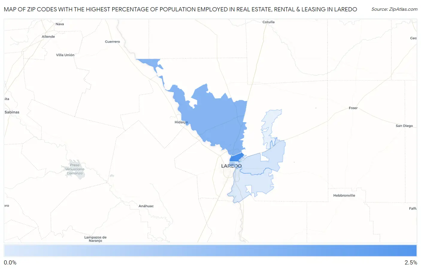 Zip Codes with the Highest Percentage of Population Employed in Real Estate, Rental & Leasing in Laredo Map